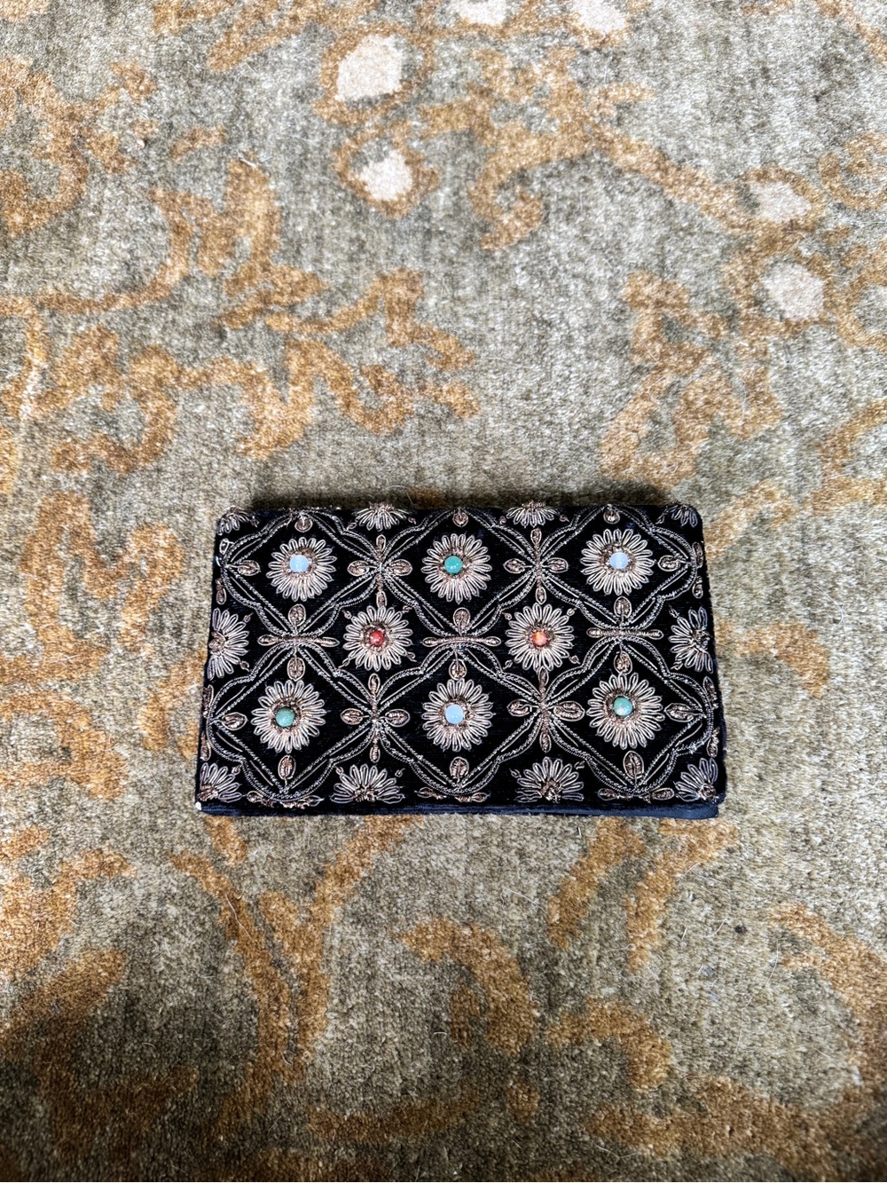 True Vintage Embroidered Black Floral Clutch with Multicolor Accents